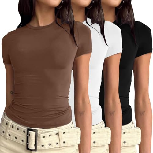 3 Pièces Y2K T-Shirt Haut Court à Manches Longues Ajusté Crop Tops Couleur Unie Basiques Transparent T-Shirt Slim Fit Shirt Sexy Slim Fit Cropped Blouses