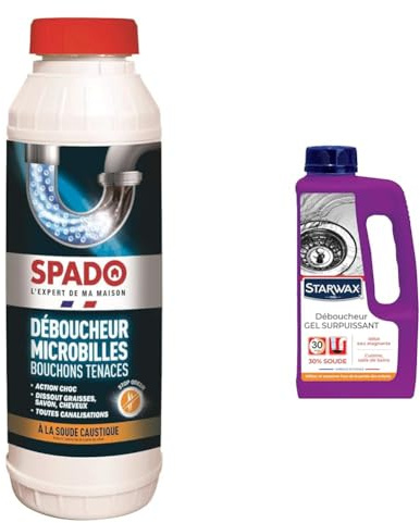 SPADO - Déboucheur Canalisation - Microbilles Eau Froide - Toutes Canalisations & STARWAX-Déboucheur Gel Surpuissant -Idéal en Cas d'eau Stagnante -Cuisine et Salle de Bains-Agit