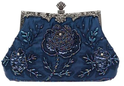 CORIOS Vintage 1920s Cuentas Bolsa de Noche Clutch con Floral para Mujer Embrague de Lentejuelas Bolsos de Fiesta Bolso de Boda Elegante Bolso de Hombro para Banquete Fiesta de Graduación Azul