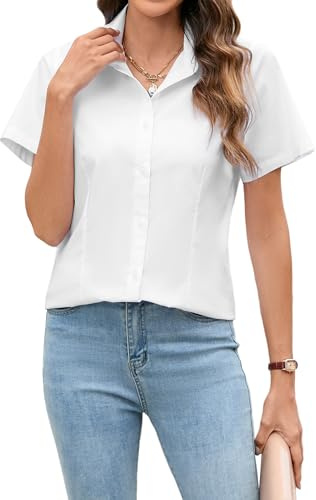 Stamain White Short Sleeve Shirt Women Formal Business Fitted Womens Dress Shirts Office Summer Work Wear L
