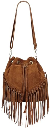 Modarno Borsa a Secchiello in Pelle Scamosciata con Frange 26x13x26 cm (Cuoio)