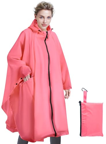 Sensong Poncho Réutilisable Imperméable Femme Unisexe - Capuche, Fermeture Éclair - Pour Randonnée Camping Vélo Rose