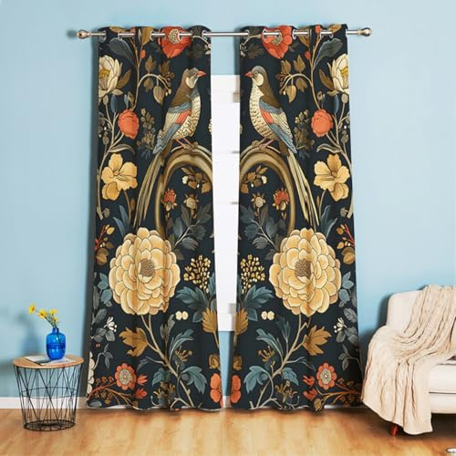 Tokusyou Vintage gardin ogenomskinliga gardiner med öljetter lantställe blommor fåglar mönster mörkläggningsgardin dekorativ gardin termisk gardin köldskydd för sovrum barnrum 2 stycken set 210 × 132