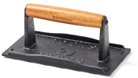 8X4 Bacon Press, Heavy Duty Cast Iron Grill Press, 2.4 lbs Rectangle Smash Burger Press with Wood Handle & Raised Edge, Food-Grade Griddle Press for Hamburger Bacon Steak Sandwiches and Panini