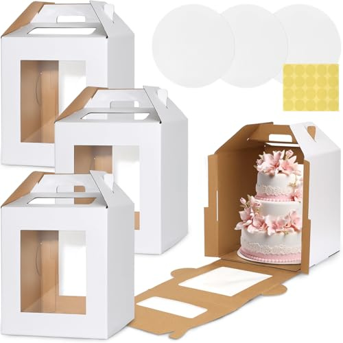 3 Pack Tall Cake Box for Tier Cake with Cake Board, 12 x 12 x 14 Inch Large Tiered Cake Carriers with Clear Windows & Handle, Disposable Bakery Take Out Transport Container for Birthday Wedding Party