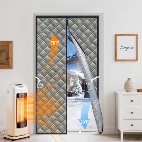 Aozzy Rideau Isolant Magnétique 96x210cm - 3 Couches Épaissies (Oxford/Coton/Feuille d'Aluminium) - Coupe-Vent et Insonorisant pour Porte d'Hiver - Protection Temporaire, Gris
