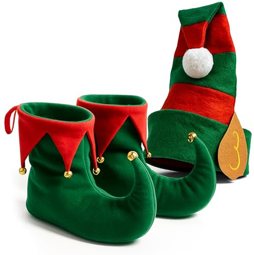 VINCAM Christmas Elf Hat and Shoes Set, Red & Green Little Helper Costume Accessories, Unisex Santa's Helper Outfit with Pointed Ears, Holiday Party Dress Up