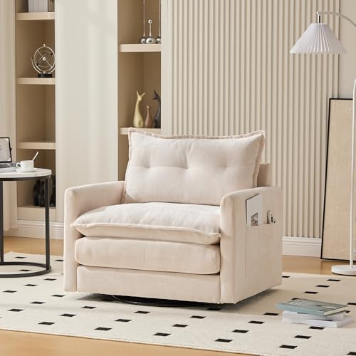 LARFOEK Sillón de salón giratorio 360° con reposabrazos, moderno sofá individual con cojines para salón, dormitorio, estudio, oficina, gran sillón cómodo para relajarse y entretenerse (beige)