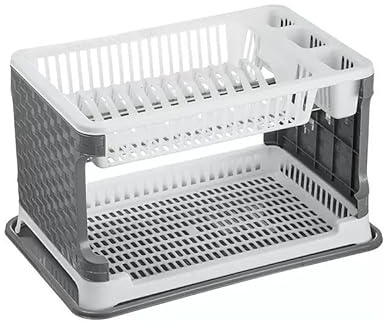 Escurridor Platos en Plástico, 2 Niveles, para Fregadero, 43 x 25 x 27cm, Escurridor Platos, Bandejas Plástico Multifuncional, para Cuardar Platos Vasos, Ahorro de Espacio, Negro o Blanco (Blanco)
