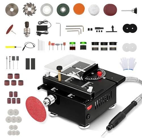 Agrdeed Mini sega circolare da tavolo, 100 W, piccola sega da tavolo per artigianato, multifunzione, sega circolare da tavolo, portatile, con 4 lame, 7 velocità regolabili per fatti a mano