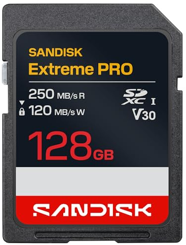 SANDISK Extreme Pro Tarjeta SD UHS-I de 128 GB (con hasta 250 MB/s de Velocidad de Lectura y 120 MB/s de Escritura, vídeos en 4K UHD, U3, V30) Memory Zone App