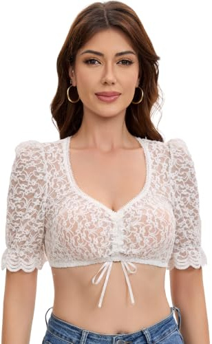 Trachtland Blusa Dirndl para Mujer de Manga Larga, Estilo Tradicional Oktoberfest, Transparente con Escote en V y Botones Blancos Talla 34-44