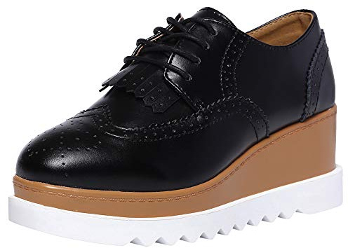 ANUFER Donna Piattaforma Alta Allacciare Brogue Nappa Tacco a Zeppa Derby Pumps Scarpe Nero SN020213 EU38