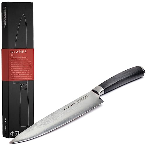 KLAMER Damast Chefmesser 20cm, extra scharfes Küchenmesser, echter japanischer Damaststahl, Fleischmesser