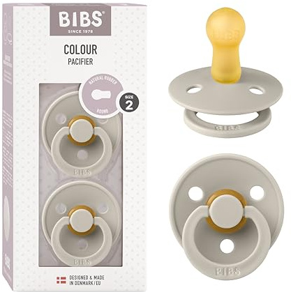 BIBS Colour Soother 2-Pack, BPA Free Dummy Pacifier, Round Nipple. Natural Rubber Latex, Made in Denmark, Size 2 (6-18 Months), Sand