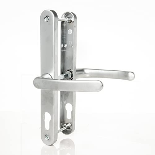 UPVC Door Handles Set Suits Fullex Locks - Satin Silver - Lever/Lever - 68mm PZ (Centres) - 215mm Screw to Screw - Backplate 245mm X 32mm - UPVC Door Handle - Silver Replacement PVC Door Handle