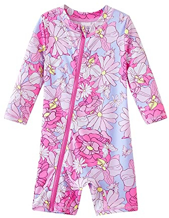 UMELOK Toddler Girls Swimsuit One Piece Full Zip with Long Sleeve UPF 50+ Sun Protection Swimwear Rash Guard Shirts Pink Flower,3Y