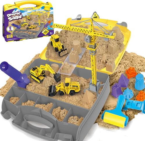 YUEMING Play Sand Construction Site Toys, Kinetic Sand Construction Site Folding Sandbox Playset with Vehicle and 1 KG Sand, Sand Box Toys Set for Toddlers for Boy Girl Kid Age 3 4 5 6 7 8 9