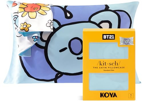 BT21 x Kitsch Satin Pillowcase with Zipper Closure, Softer Than Mulberry Silk Pillow Cases Standard Size 1 Pack, Smooth Cooling Pillow Covers Queen for Hair, Skin Health & Beauty Sleep, 19x26 in Koya