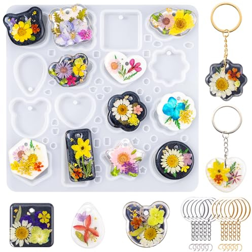 LET'S RESIN Keychain Resin Moulds Silicone with Hole | 16 Cavities UV Resin Jewellery Pendant Mould for Beginners, Epoxy Resin Moulds for Keychain Pendant Jewellery Making