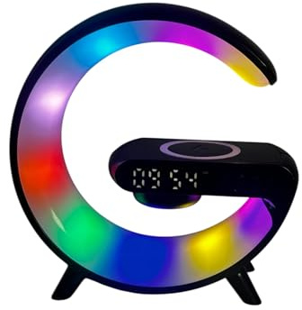 OrionMart Alarm Clock G Shaped Bedside Lamp Wireless Charger & Speaker - Color Changing Table Lamp Night Light - Premium Gift Idea