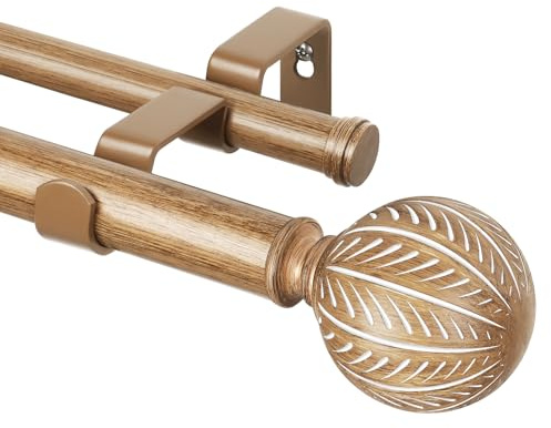 KAMANINA 1 Inch Wood Double Curtain Rods for Windows 72 to 144 Inches (6-12 Feet), Heavy Duty Decorative Drapery Rods 66 to 120 inch, Wood Grain Leaf Pattern Finials
