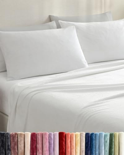 Fleece Sheets King Size Set - 4-Piece Velvet Flannel Sheet Set - Super Soft Fleece Bedding - 1 Flat & 1 Fitted and 2 Pillowcases - Cozy Warm, Comfy & Plush - Deep Pockets, Fuzzy & Anti-Static - White