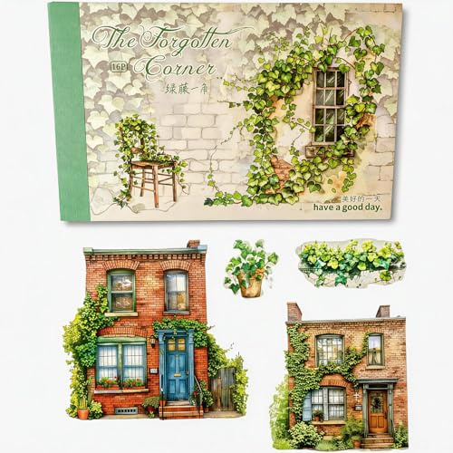 TIAMECH Forgotten Corner Green Vine Sticker Book - 16 Sheets Waterproof PET Scrapbooking Stickers for Junk Journaling, Decorative Ephemera & DIY Crafts