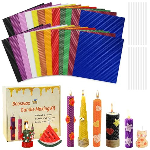 Hengrongshen Candele di cera d'api fai da te, set da 12 pezzi, piastre di cera d'api per candele con stoppino, piastre di cera d'api, candele fai da te per adulti e bambini (B)