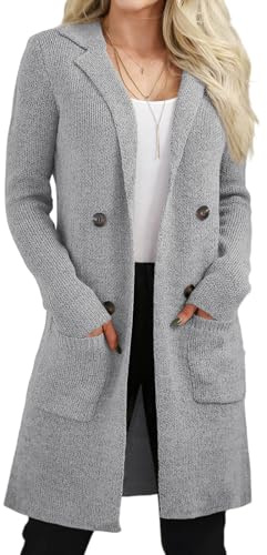 VIMPUNEC Women's Open Front Long Cardigan Sweaters Fall Casual Knit Jackets Coatigan with Pockets Light Grey M