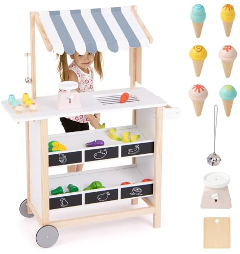 HOMASIS Chariot à Glace pour Enfants avec Accessoires, Magasin de 6 Jouets, Crème Glacée, Roues Mobiles et Auvent, Chariot de Courses en Bois, Maison de Poupée, Kit de Jeu pour 3 Ans et+ (Blanc)