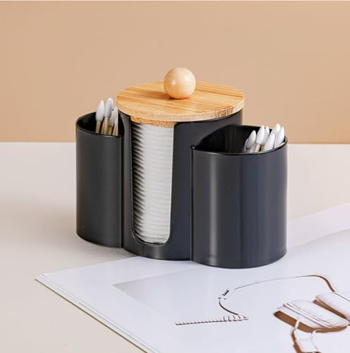 SYDERWE 3-in-1 Q-Tip Holder for Bathroom – Premium Vanity Organizer Canister with Dustproof Lid for Cotton Swabs, Balls and Pads, Countertop Storage Container（Black）