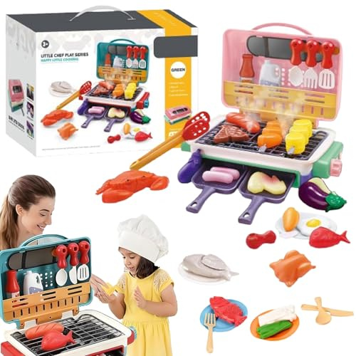Magic Meals Sensory Kitchen, Magic Meals - Kids Sensory Kitchen, Kids BBQ Grill Toy playset with Color Changing Food, Smoke Sound Light, BBQ Grill Playset For Boys Girls (Pink)