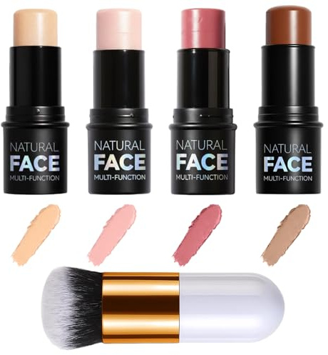 4Pack Contour Highlighter Blush Sticks with Brush, Cream Bronzer Contour Stick Kit for Cheeks Eyes Lips, Long Lasting & Smooth Natural Face Contouring Illuminator, Professional Makeup Kit for All Skin