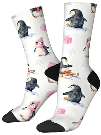 Raunew Novelty Socks For Men Women, Casual Dress Socks Funny Gifts, Winter Penguin Play Sled Snowflake Design