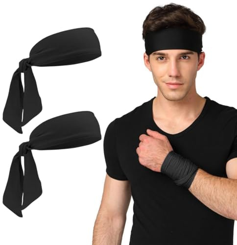2 Fascie Sportive Nere， Fascia Testa Assorbi Sudore Regolabile per Uomini e Donne， Ideale per Fitness， Corsa， Yoga, Tennis e Arti Marziali