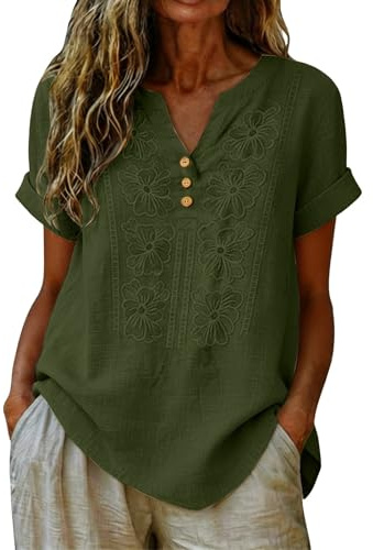 Générique Chemisier Femme Chic Et Élégant, Chemise en Coton Et Lin Broderie Florale Manches Courtes, Haut Tunique Grande Taille, T-Shirt Été Femme Col V Et Boutons