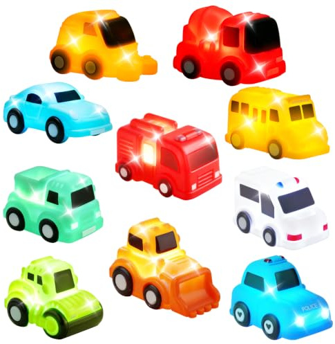 JoiTale Light Up Bath Toys, 10 Pack No-Hole No-Mould Bath Cars for 1-3Y