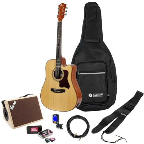 Fazley Dreadnought Western Guitar - Tan Acoustic-Electric Instrument - Zebrawood Body With Spruce Top - Includes Built-In Preamp And Tuner
