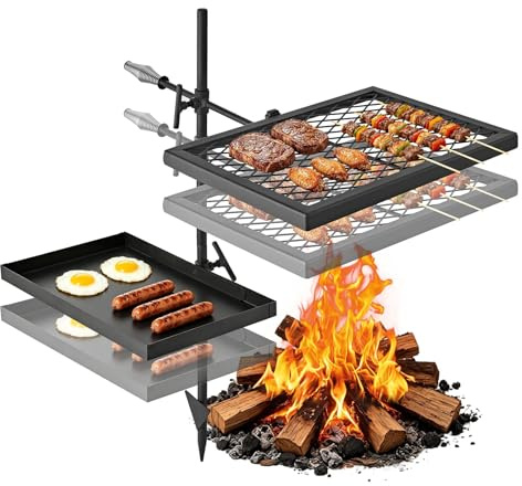 VEVOR Heavy Duty Swivel Campfire Grill, Double Layer Portable Camping Grill Grate & Griddle, Sturdy Steel BBQ Mesh, 360° Height Adjustable Over Fire Pit, for Outdoor Open Flame Cooking, Black