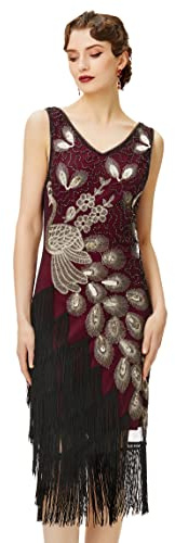 BABEYOND Abito Vintage Anni ‘20 con Paillettes e Motivo a Forma di Pavone, Stile Grande Gatsby, con Frange, Abito da Festa
