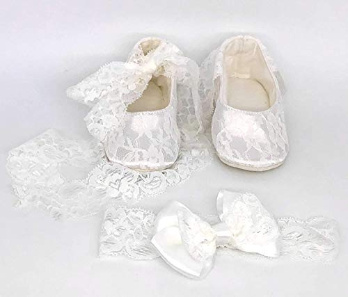 Brillabenny Set de encaje con banda para el pelo y bailarinas de encaje blanco para niña recién nacida, zapatos elegantes para bautizo, ceremonia y nacimiento, 10 cm (0-3 meses)