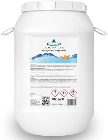 acquaverde | Cloro Lento 90%, 25 kg di Tricloro in Pastiglie da 200 grammi per Piscina, 90/200 a Lenta Dissoluzione, Trattamento per Mantenere Costante il Livello del Cloro nell' Acqua di Piscine