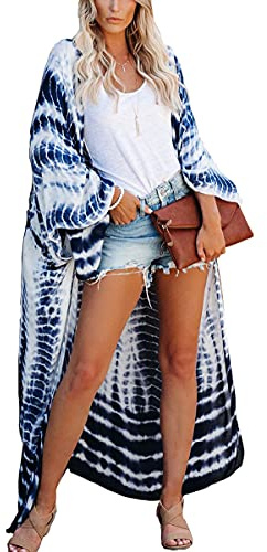 LikeJump Lång kimono morgonrock för kvinnor strand bikini täcka ups kaftan klänning plusstorlek sommarrock, White Midnight Blue, En storlek