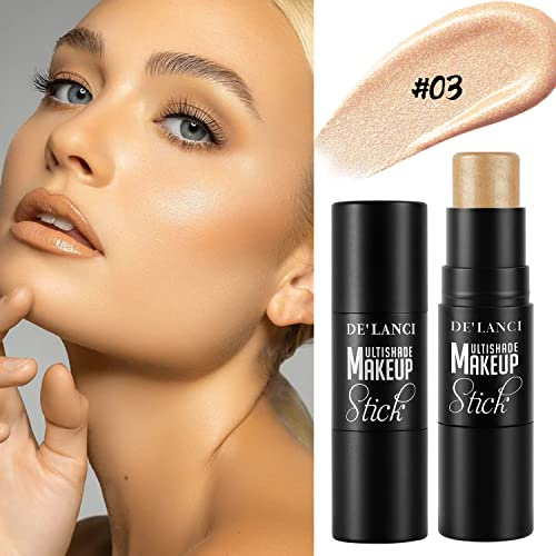 3-in-1 Creme Highlighter Stick mit Pinsel, wasserfester und lang anhaltender Highlighter Makeup Stick, mischbarer cremiger Stift für Gesicht und Körper, Schimmer für alle Hauttöne, Champagne