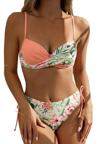 GORGLITTER Women's Floral Print Wrap Push up Bikini Set Swimsuit High Cut Tie Knot 2 Piece Bathing Suits Swimwear Summer Coral Orange L