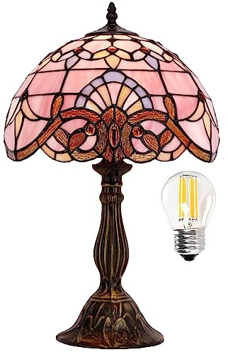WERFACTORY Tiffany Lamp Stained Glass Table Lamp 12X12X18 Inch Pink Baroque Style Lavender Bedside Reading Desk Light Decor Bedroom Living Room Home Office S003P Series