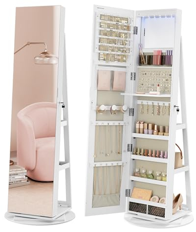 SONGMICS Espejo Joyero con 6 LEDs, Armario de Joyas Giro de 360°, Organizador de Joyería Giratorio, sin Marco, Espejo Completo, 3 Estantes, Superficie Blanco, Regalos Navidad, Forro Greige JJC007W02