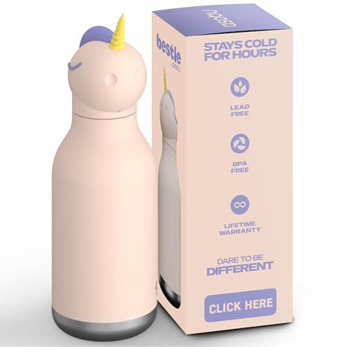 ASOBU Bestie Kindertrinkflasche mit Strohhalm – Isolierte Edelstahlflasche 420ml mit Einhornkopf – Auslaufsicher & BPA-frei