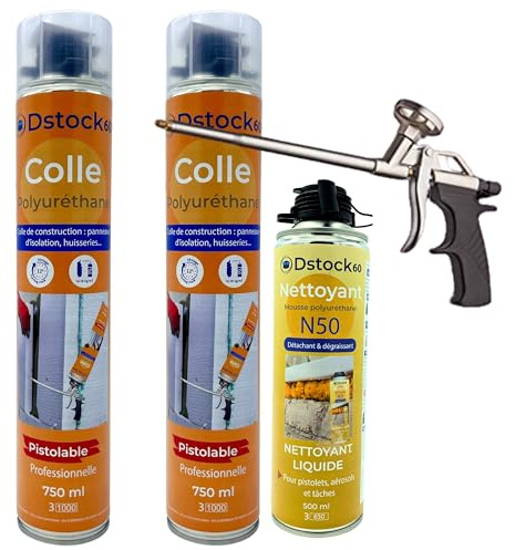 DSTOCK60 - Lot de 2 colles de montage polyuréthane + 1 pistolet + 1 nettoyant mousse - Mousse polyuréthane faiblement expansive pour le collage des panneaux isolants, rouleaux de bitume, huisseries